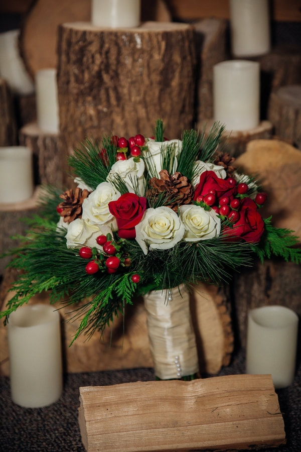 Pine Winter Wedding Red White Bouquet
