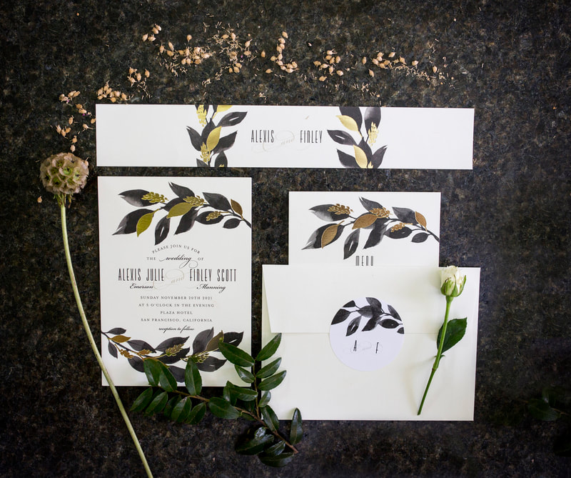 black, white, gold wedding invitations