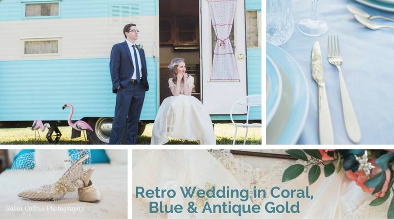 Retro wedding in Coral, Blue and Gold